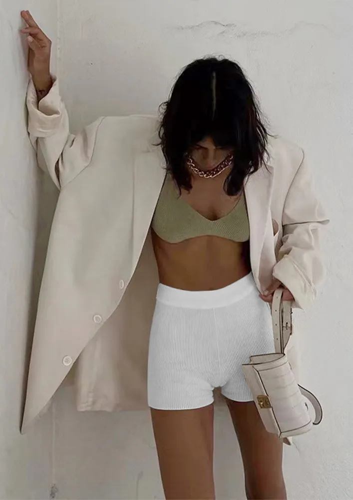 Cotton White Ribbed Biker Shorts