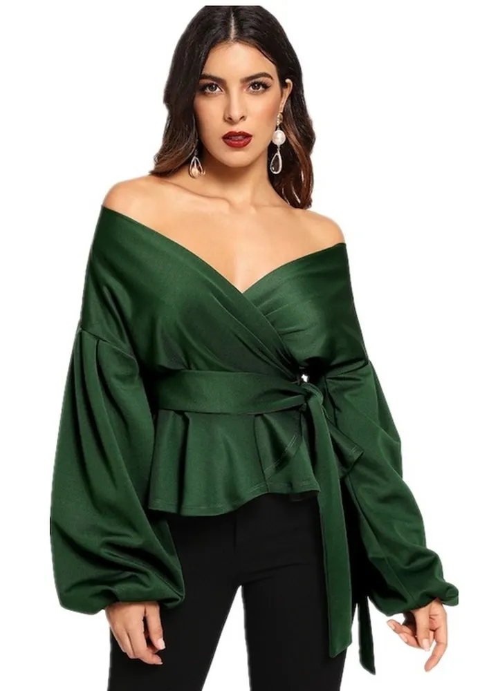 Off-shoulder Puff Sleeve Green Top