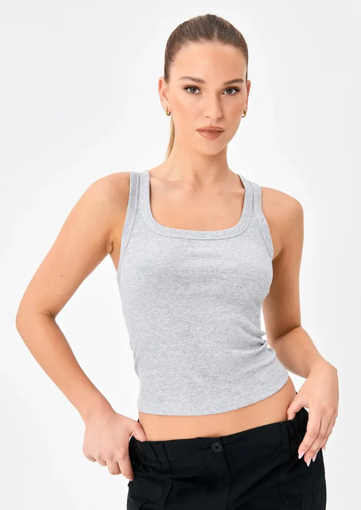 U-neck Ribbed Grey Fitted Tank Top