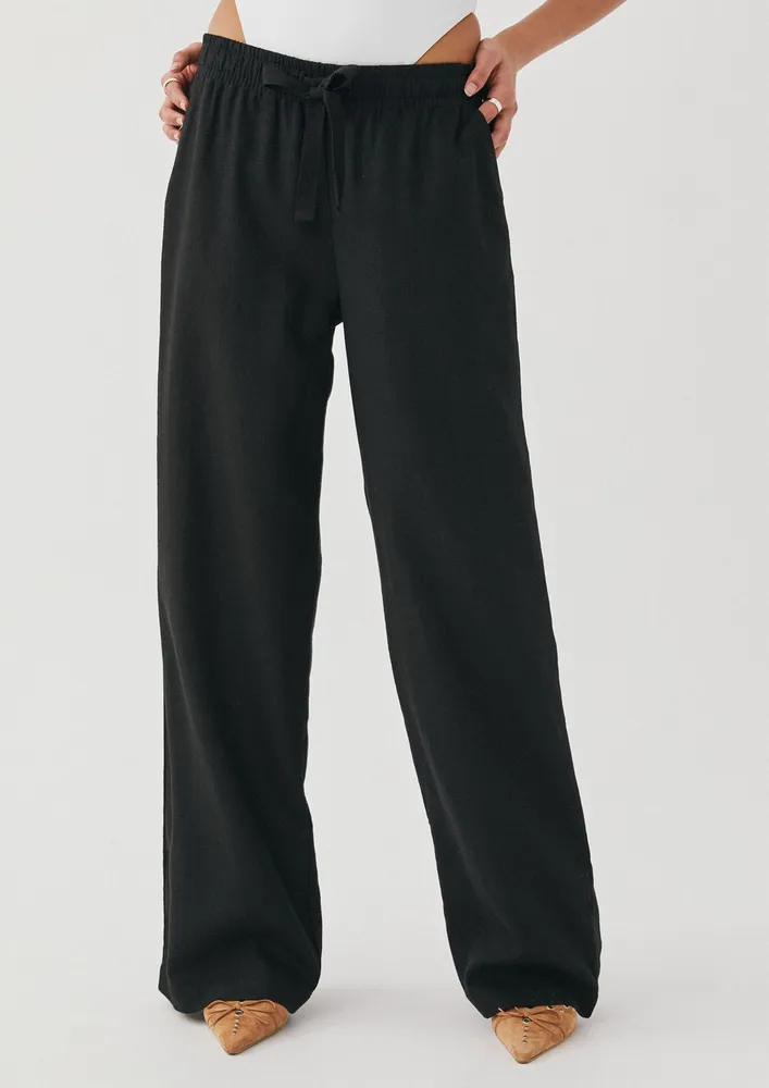 Drawstring-waist Black Loose Straight Pants