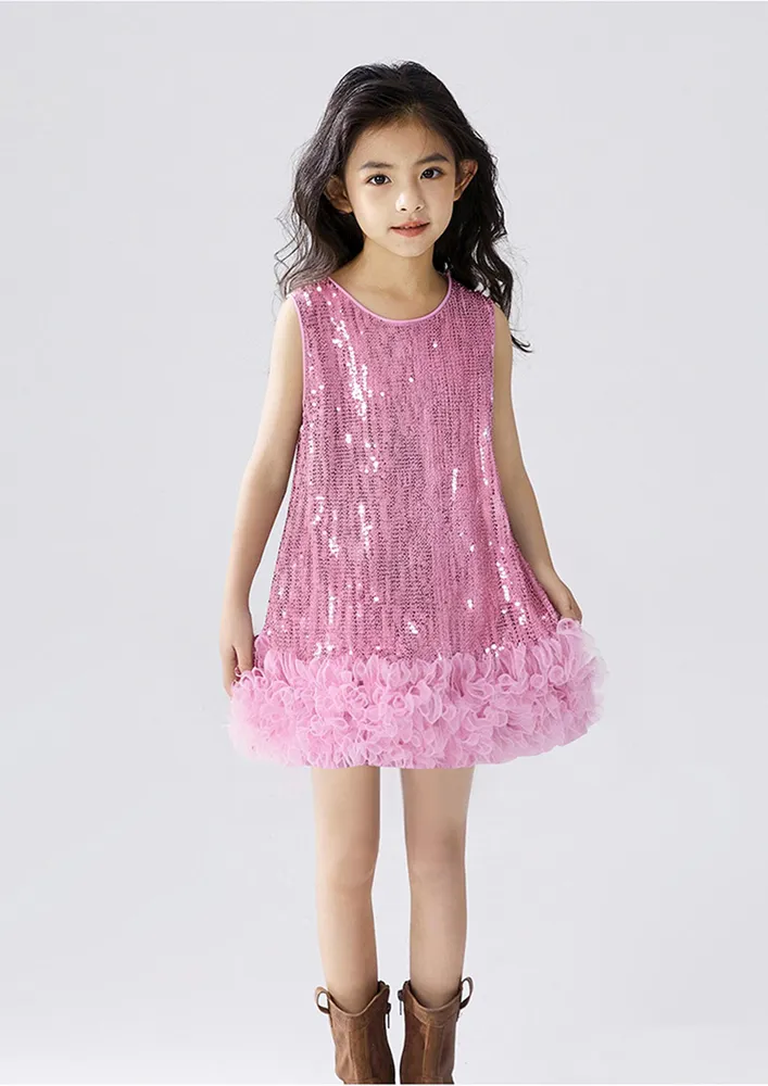 Pink Sequin Ruffled Girls Mini Dress