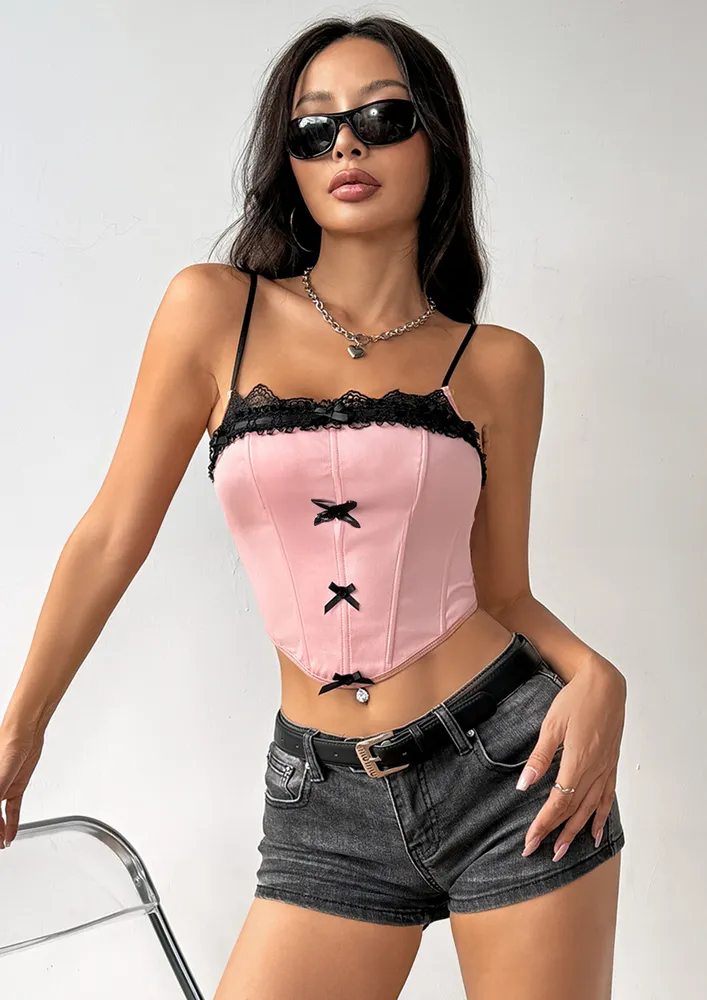 Pink Lace-trim Contrast Bow-knot Corset