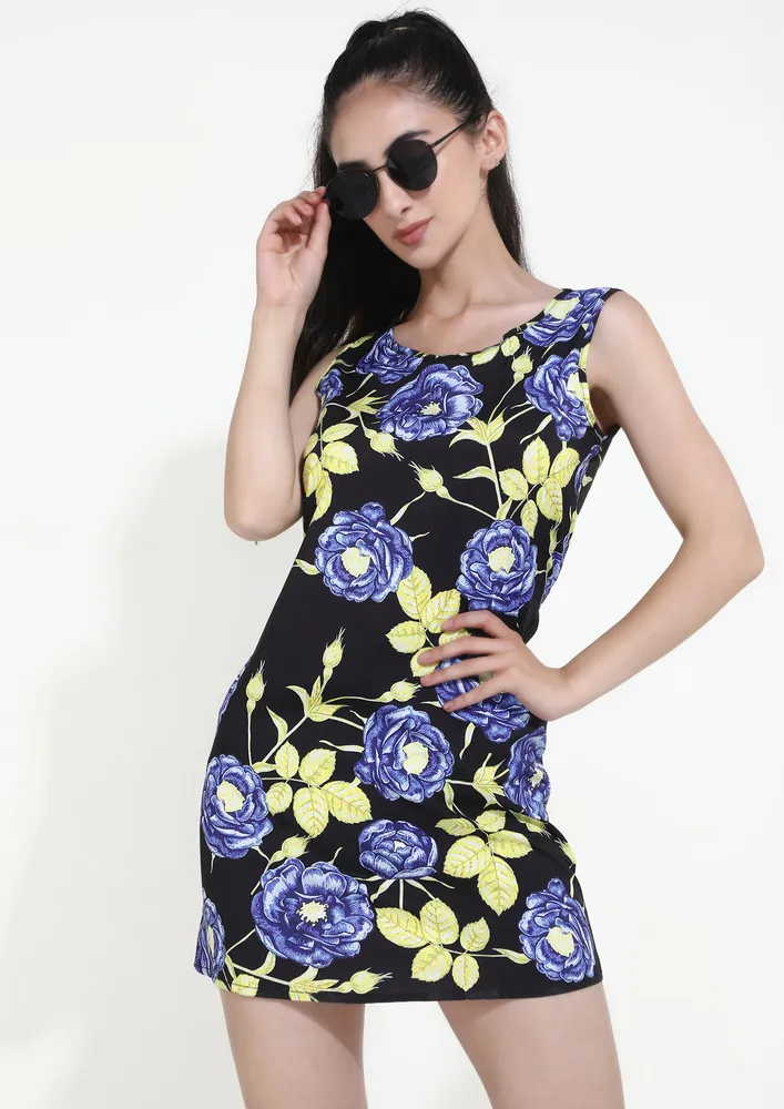 MY CAREFREE BUDS BLACK FLORAL TUNIC DRESS