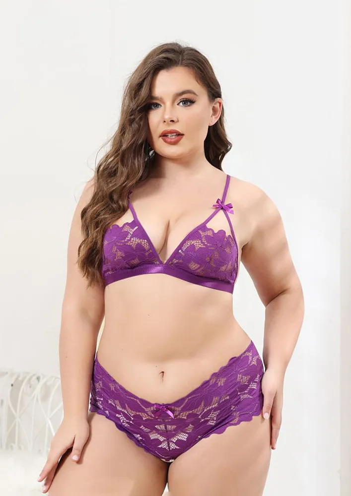 Purple Plus Size Bowknot Detail Lingerie Set