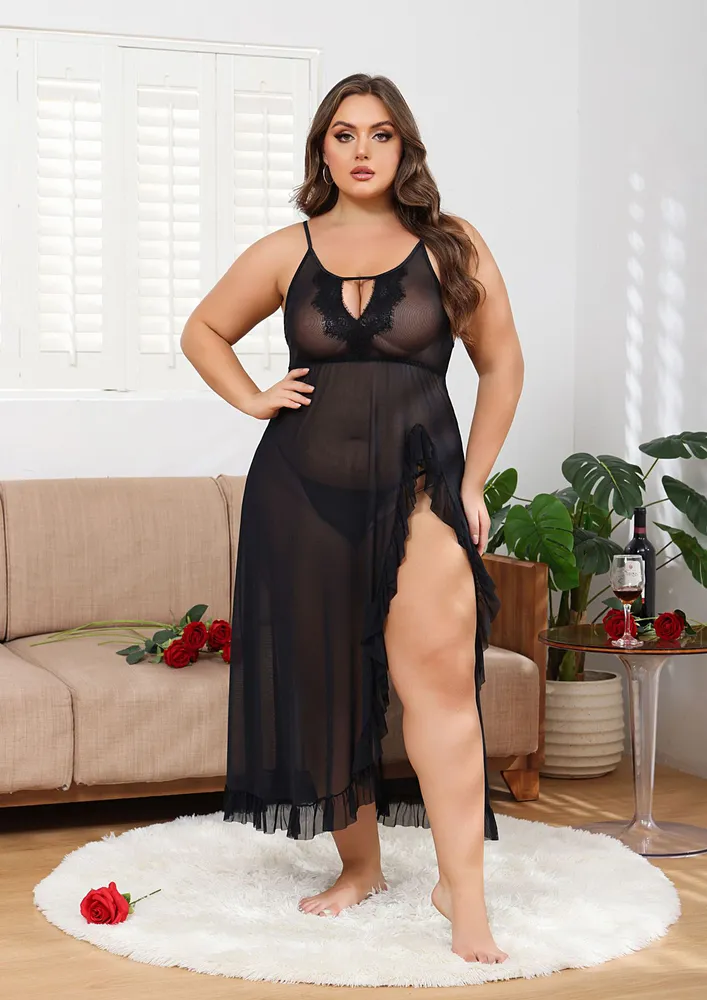 Plus Size Black Sheer Nightdress W/ Thong Briefs