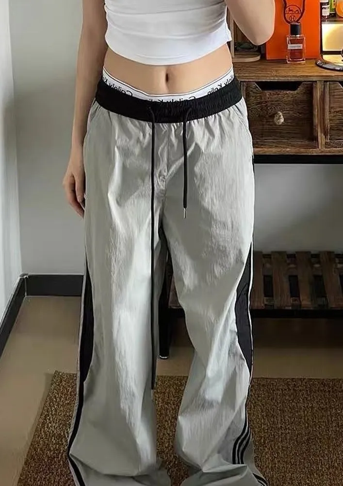 Grey Drawstring-waist Wide Fit Pants