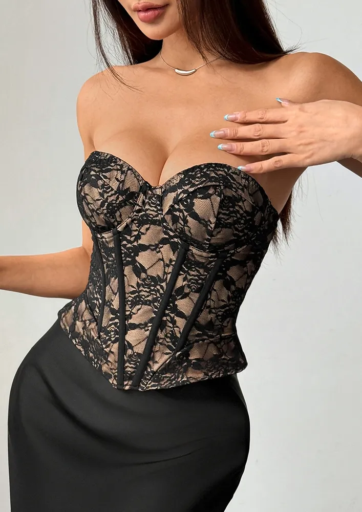 Black Floral Lace Strapless Corset Top