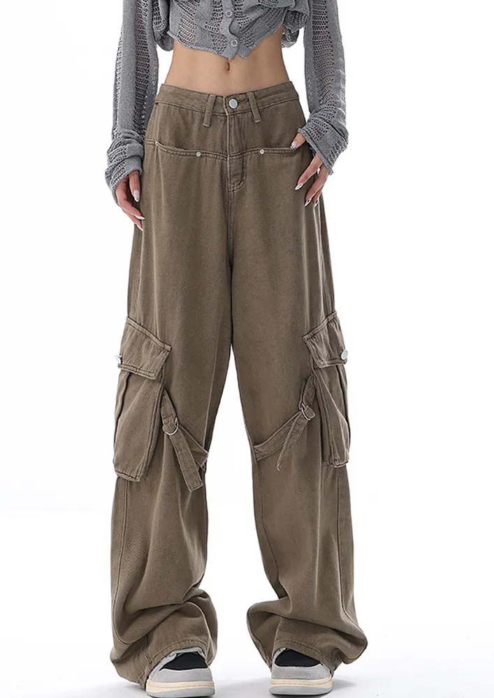 KHAKI STRAIGHT FIT HIGH-WAIST CARGO PANTS