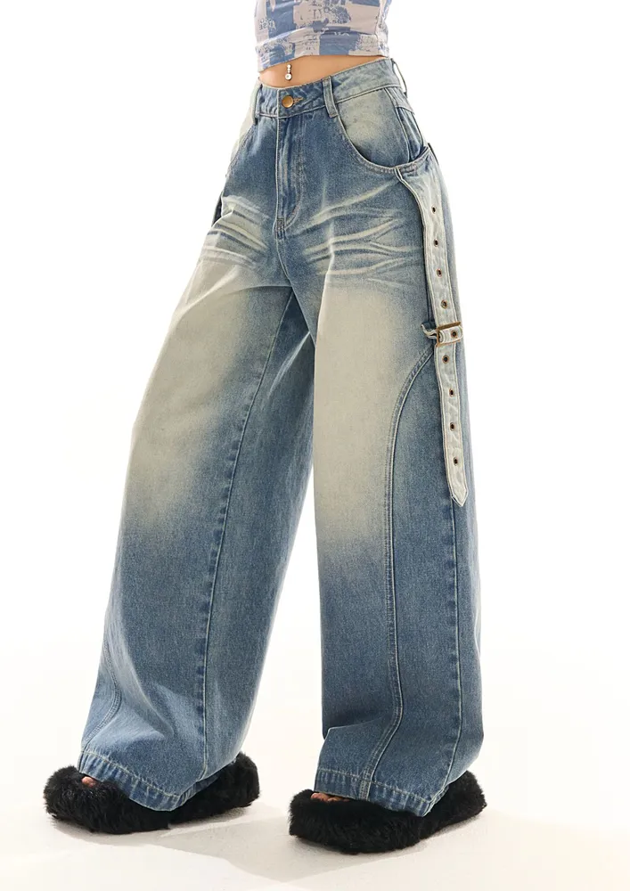 BLUE BUCKLE-BELT DECOR WIDE LEG JEANS