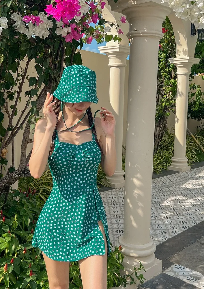 Green Printed Swimdress With Protection Hat