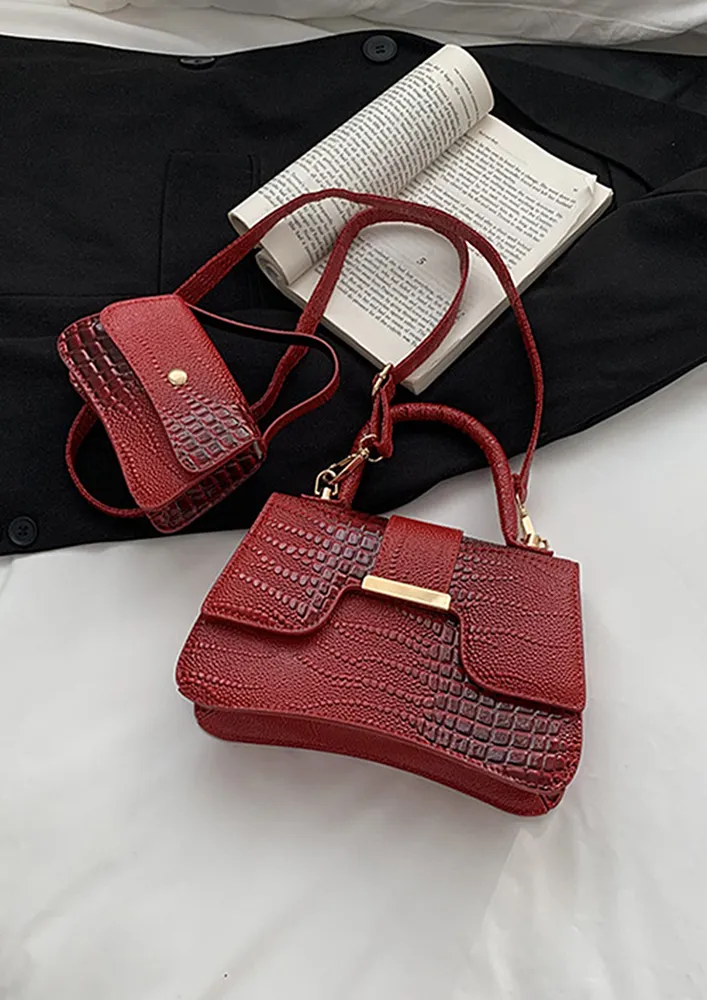 EMBOSSED SINGLE-HANDLE PU RED CROSSBODY BAG