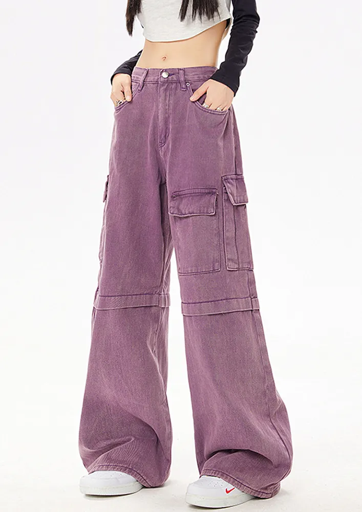 PURPLE WIDE LEG FIT CARGO PANTS