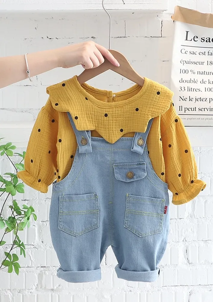 Girls Yellow Crinkled Polka Print Top W/ Denim Dungaree