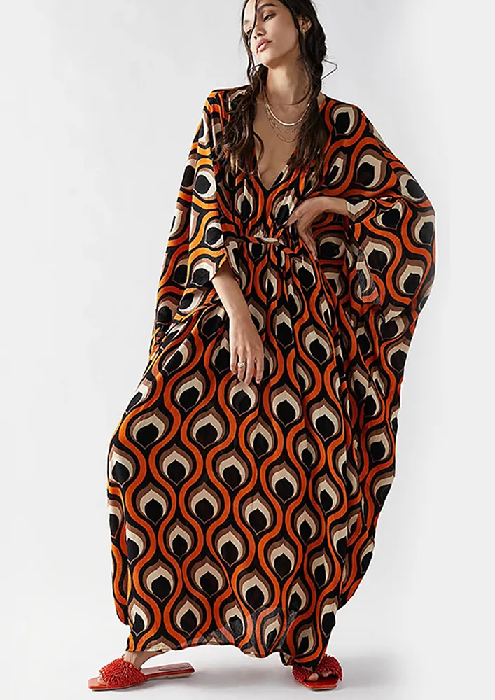 Orange Printed Wide Sleeve Kaftan Dress