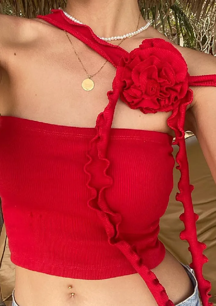 Red Floral Brooch Detail Crop Top