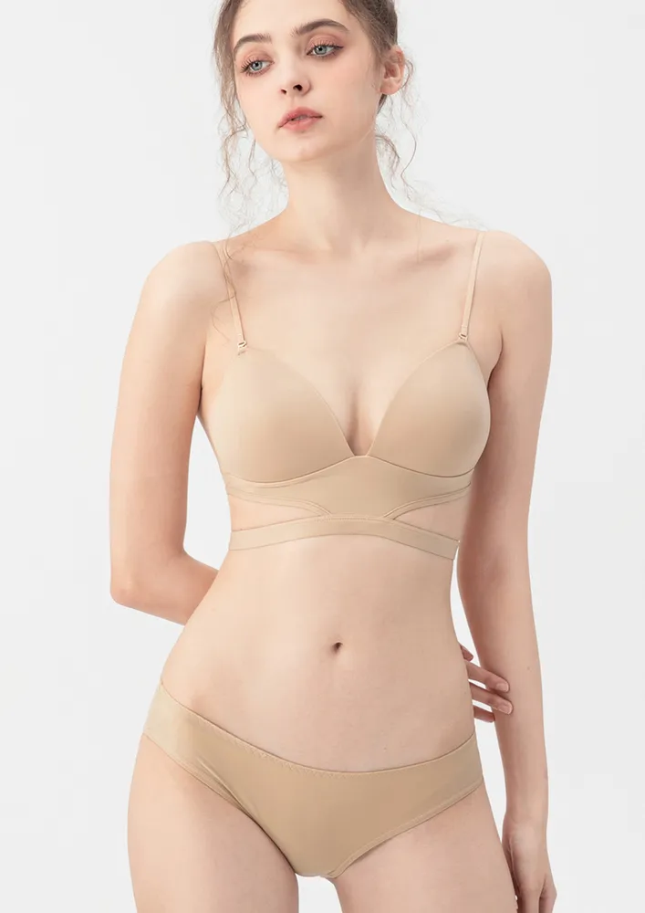 Beige Cut-out Detail Halter Neck Bra & Bikini Briefs