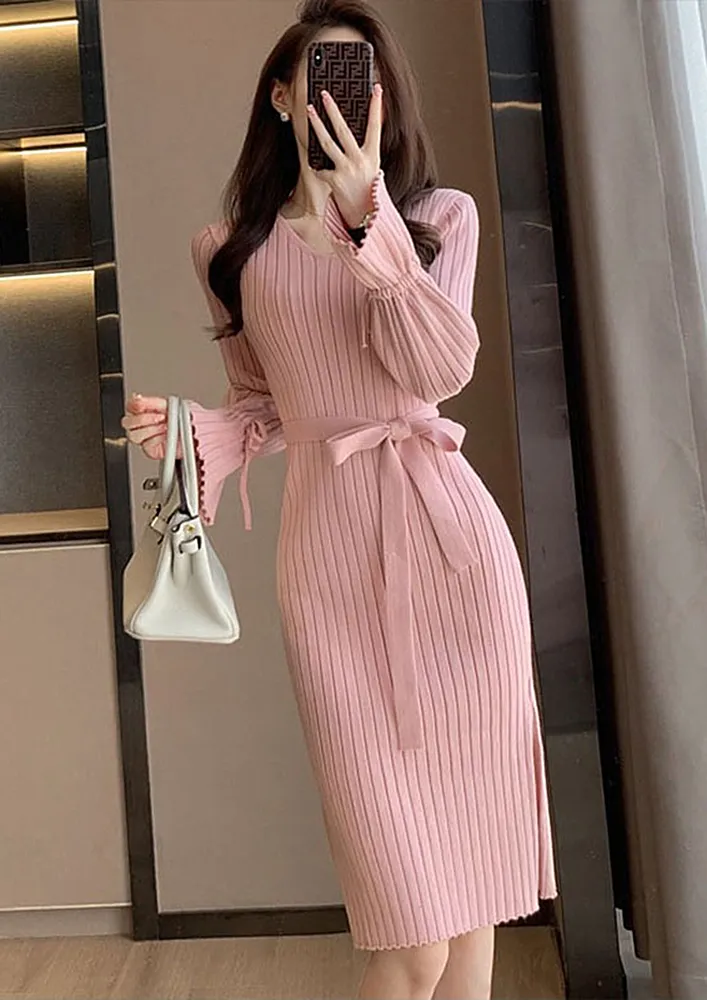 CASUAL PINK V-NECK RIB-KNIT MIDI DRESS