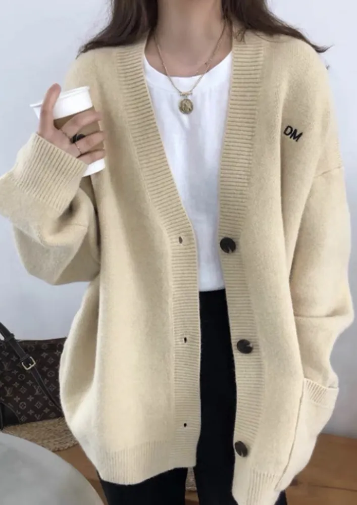 OVERSIZED KNITTED V-NECK APRICOT CARDIGAN