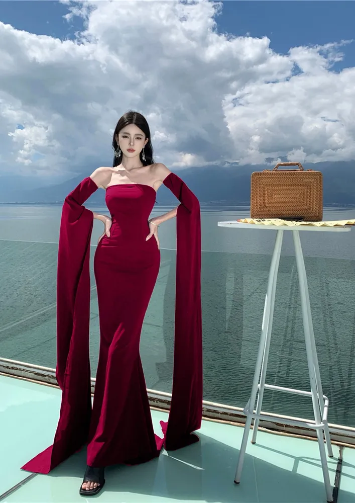 Red Bandeau Dress W/ Floor Length Sleeves