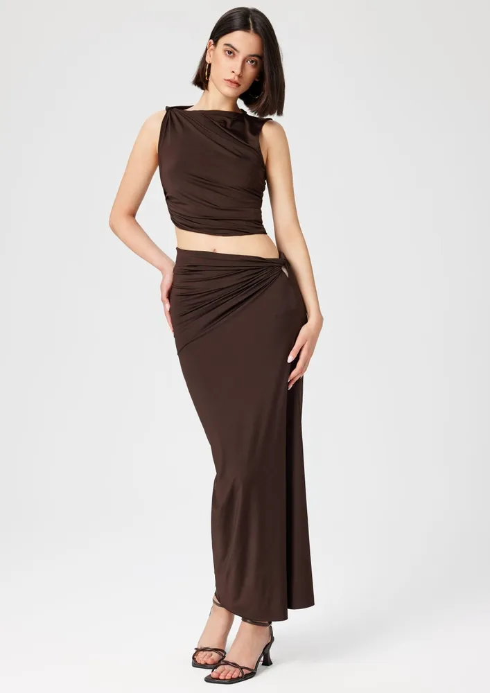 Brown Ruched Detail Top & Maxi Skirt