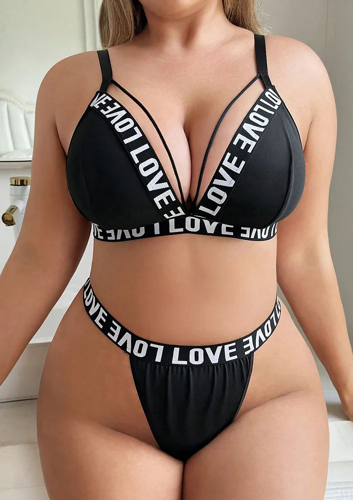 Plus Size Letter Print Black Lingerie Set