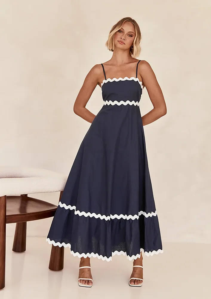 Spaghetti Strap A-line Long Deep Blue Dress