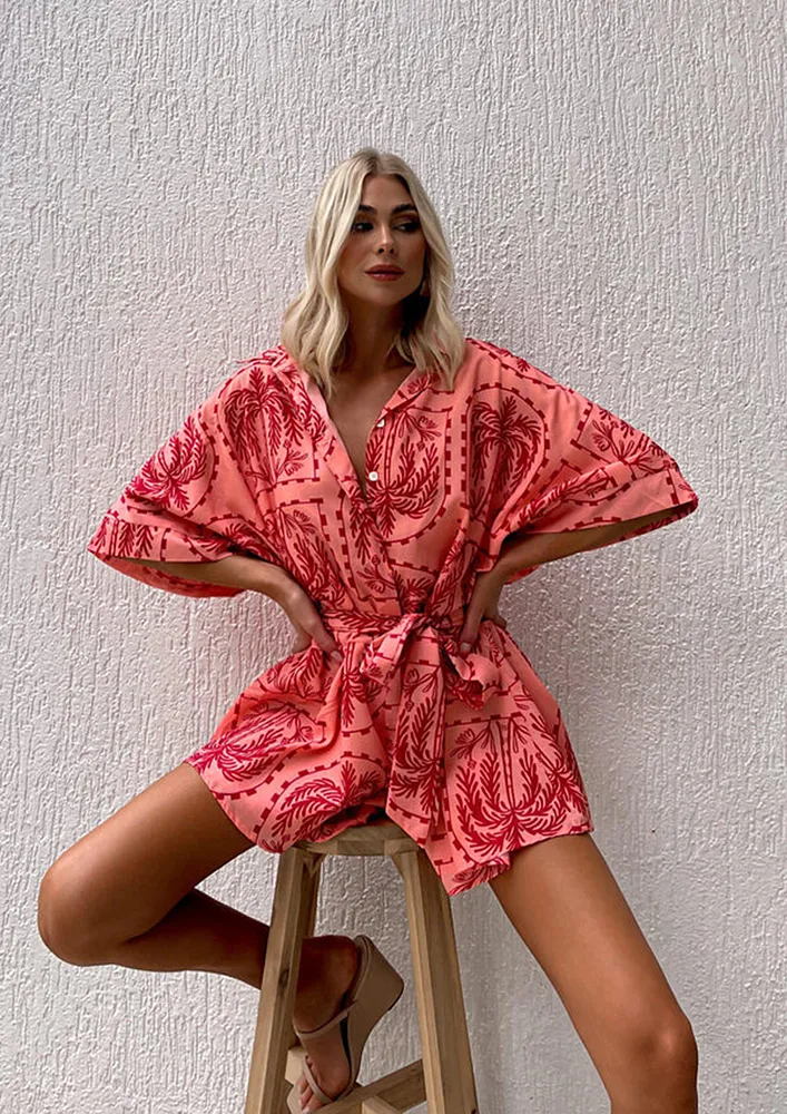 RED PRINTED TIE-UP WAIST ROMPER