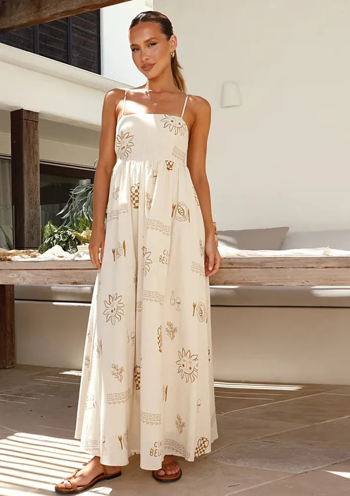 BROWN PRINTED SLEEVLESS MAXI DRESS