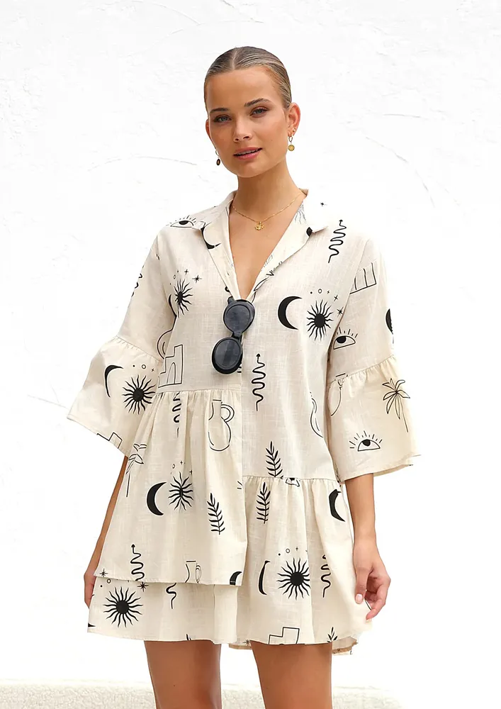 BEIGE PRINTED LAPEL COLLAR SHIRT DRESS