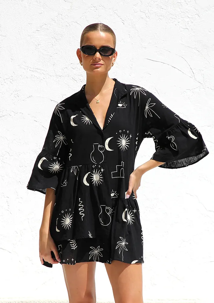BLACK PRINTED 3/4TH SLEEVES SHIRT DRESS