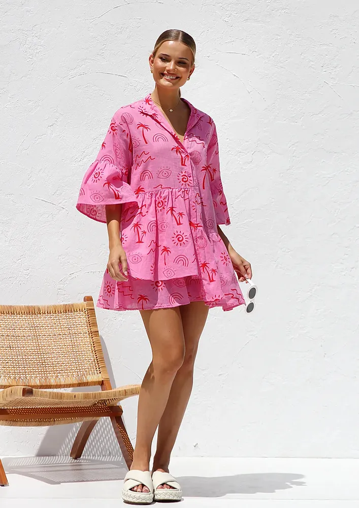 PINK PRINTED 3/4TH SLEEVES SHIRT DRESS
