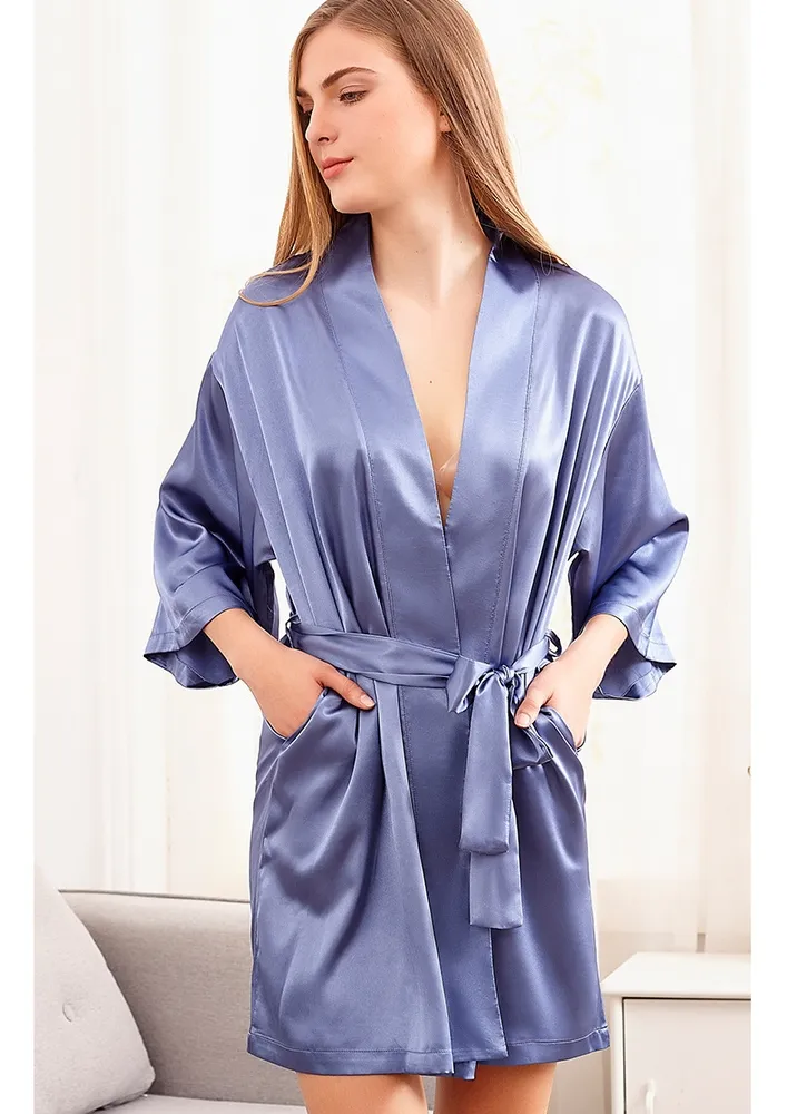 Blue V-neck Nightwear Robe
