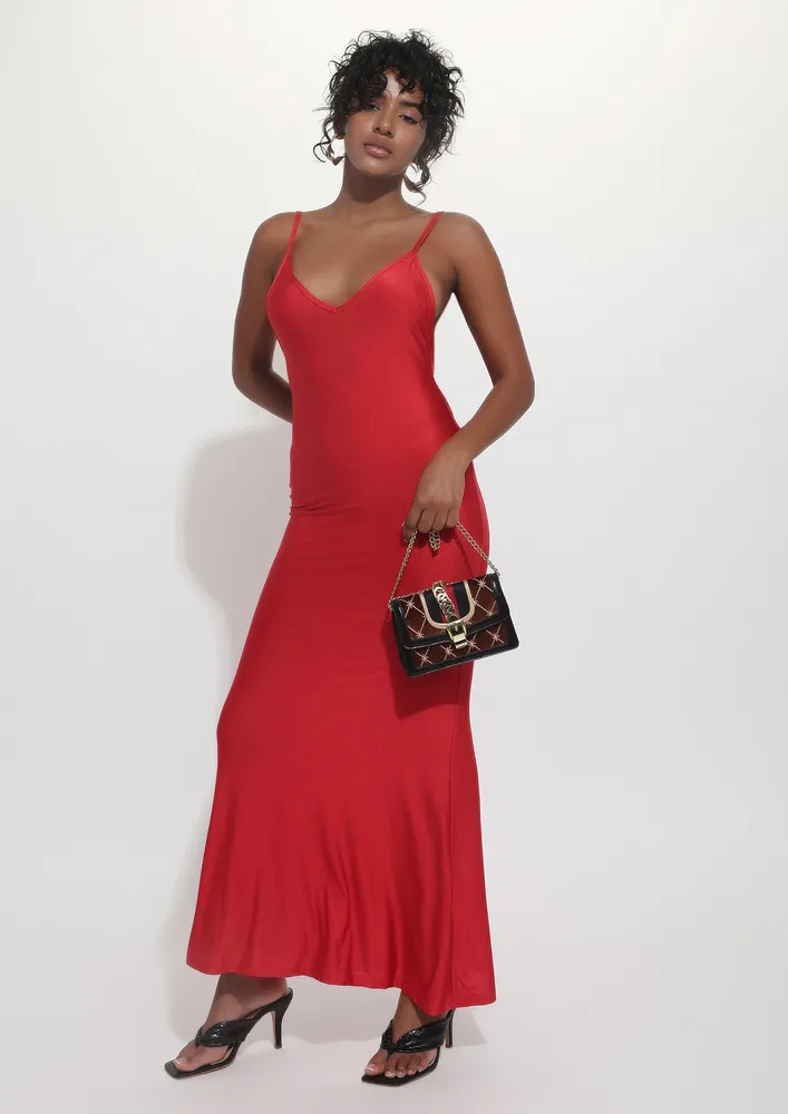 RED SLIM EVENING MAXI DRESS