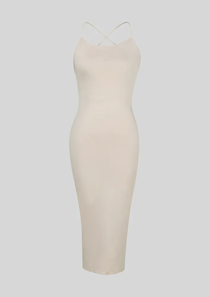 CRISS-CROSS SLIM BEIGE MAXI DRESS