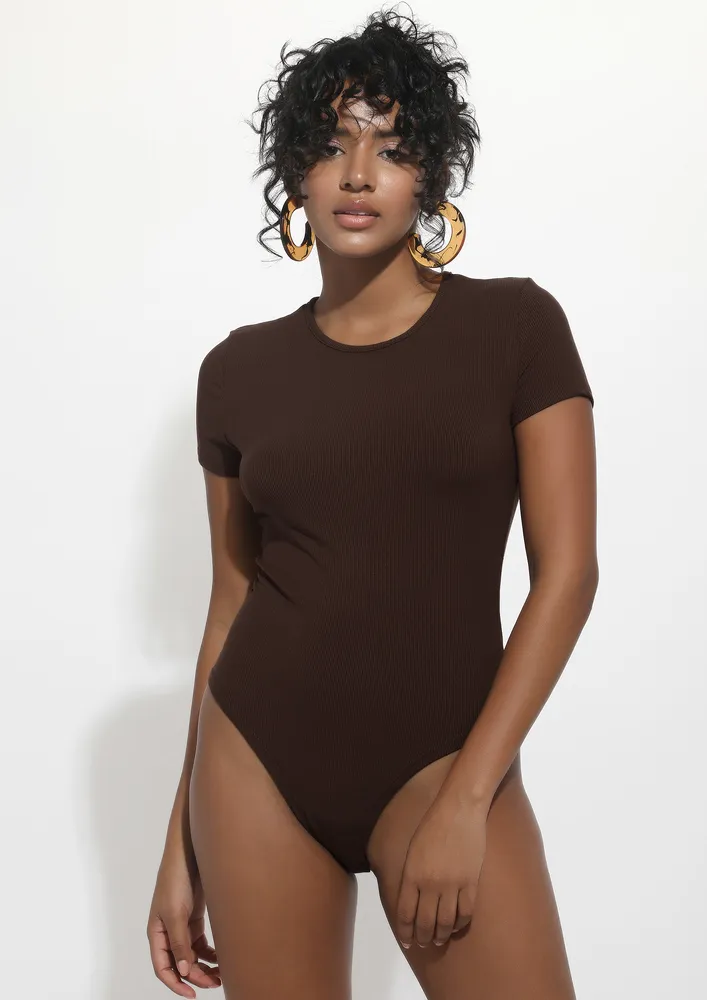 ROUND NECK SHORT SLEEVE BROWN BODYSUIT