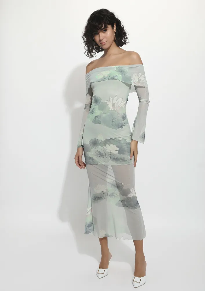 GREEN MESH PRINTED OFF-SHOULDER DRESS