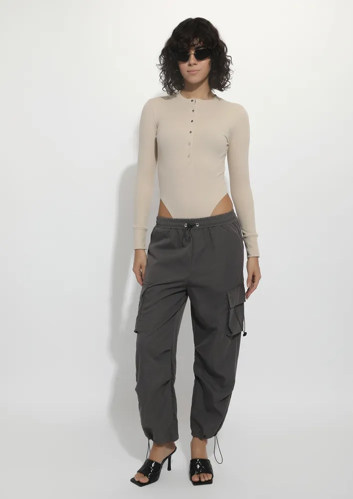 Grey Cord Stopper Waist Parachute Pants