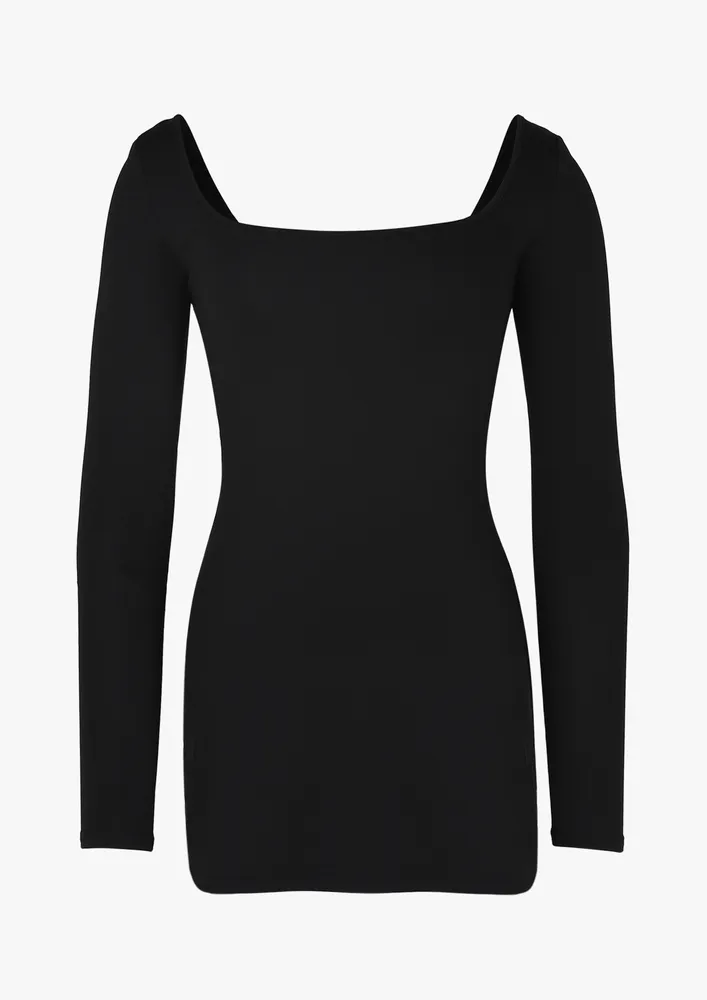 BLACK CURVED SQUARE NECK BODYCON DRESS