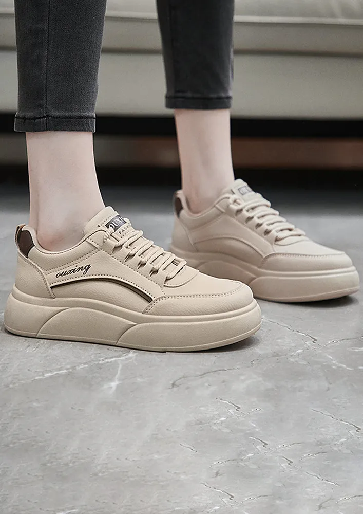 CONTRAST KHAKI IMITATION LEATHER TRAINERS