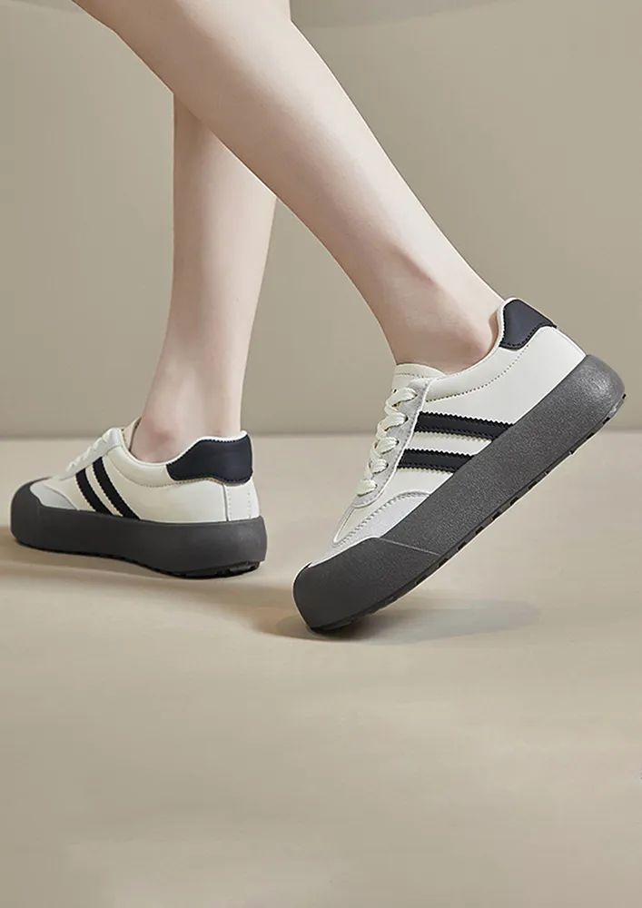 BEIGE LACE-UP ROUNDED TOE COLOURBLOCK TRAINERS