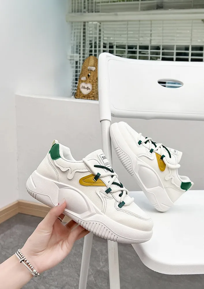 MESH DETAIL GREEN PU LEATHER SNEAKERS 