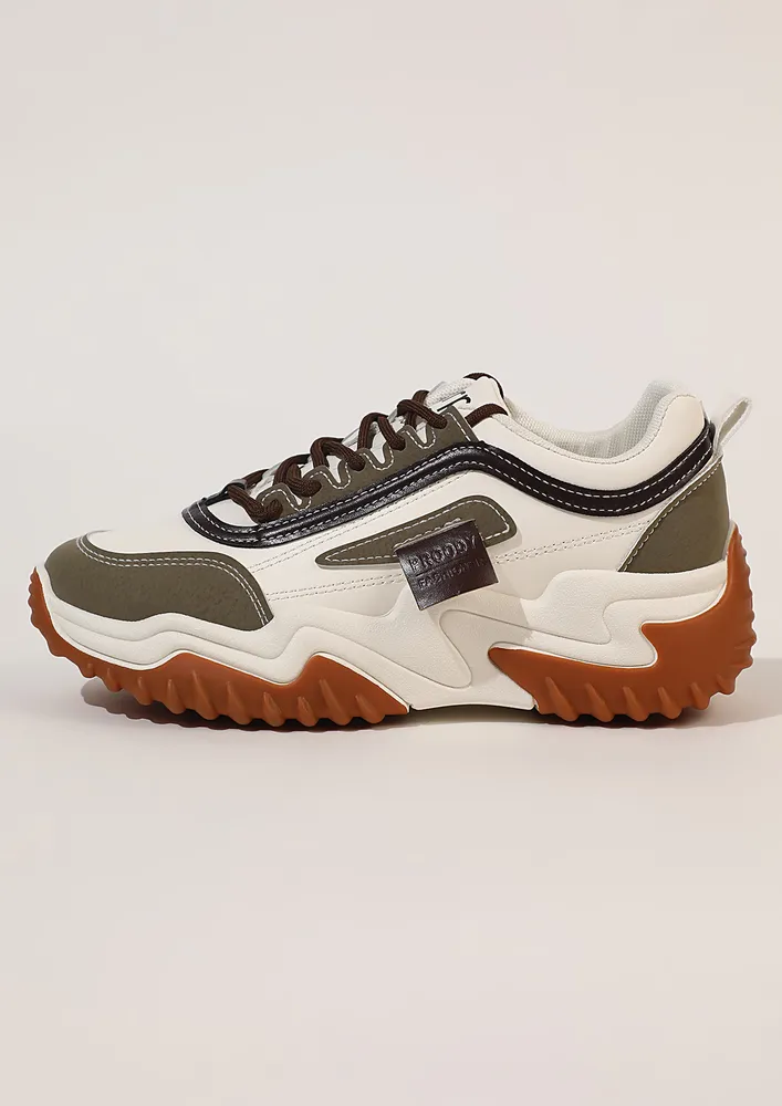 KHAKI COLOURBLOCK CHUNKY RUNNING TRAINERS