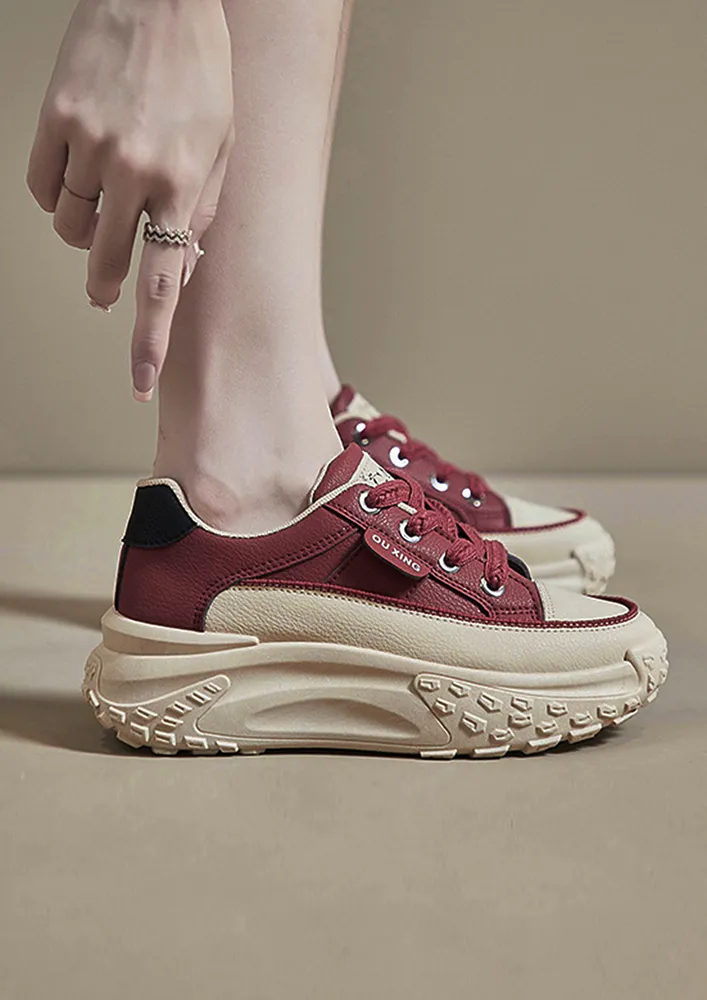 COLOURBLOCK CLARET LACE-UP TOP CHUNKY TRAINERS