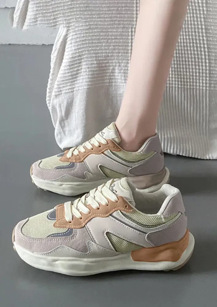 COLOURBLOCK BEIGE MESH DETAIL PU LEATHER SNEAKERS