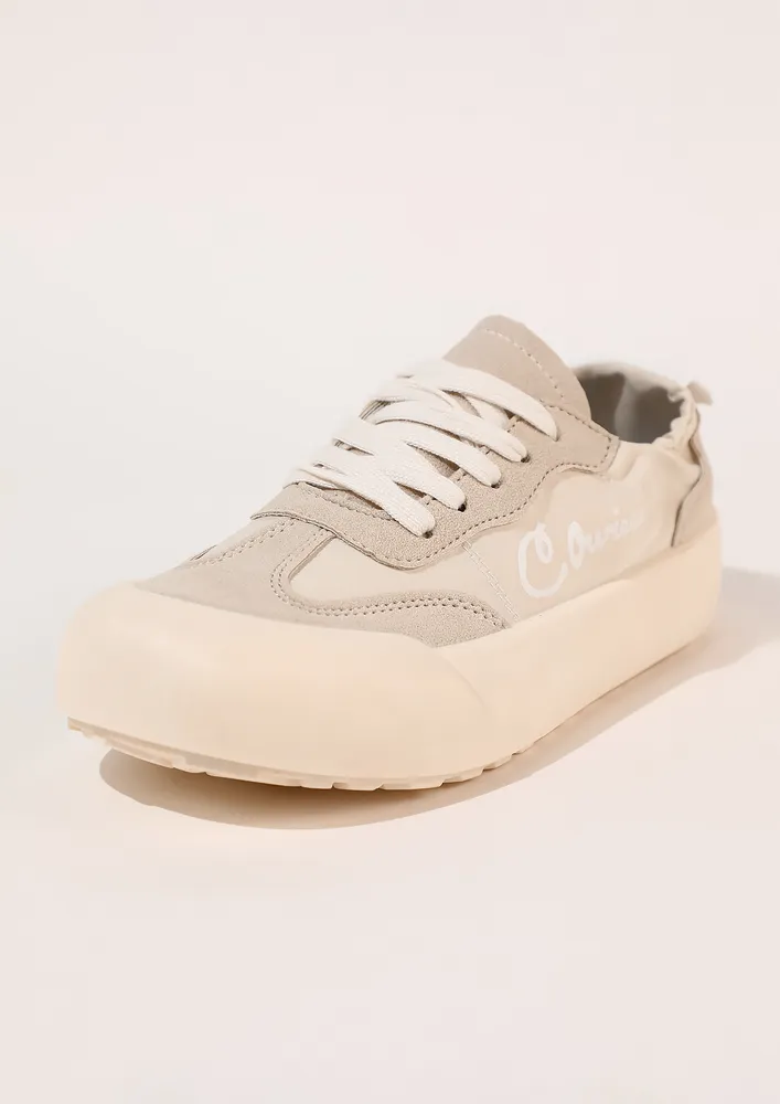 PRINTED BEIGE CONTRAST LACE-UP SNEAKERS