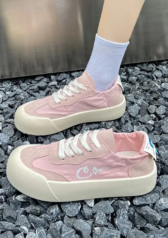 PRINTED PINK CONTRAST LACE-UP SNEAKERS