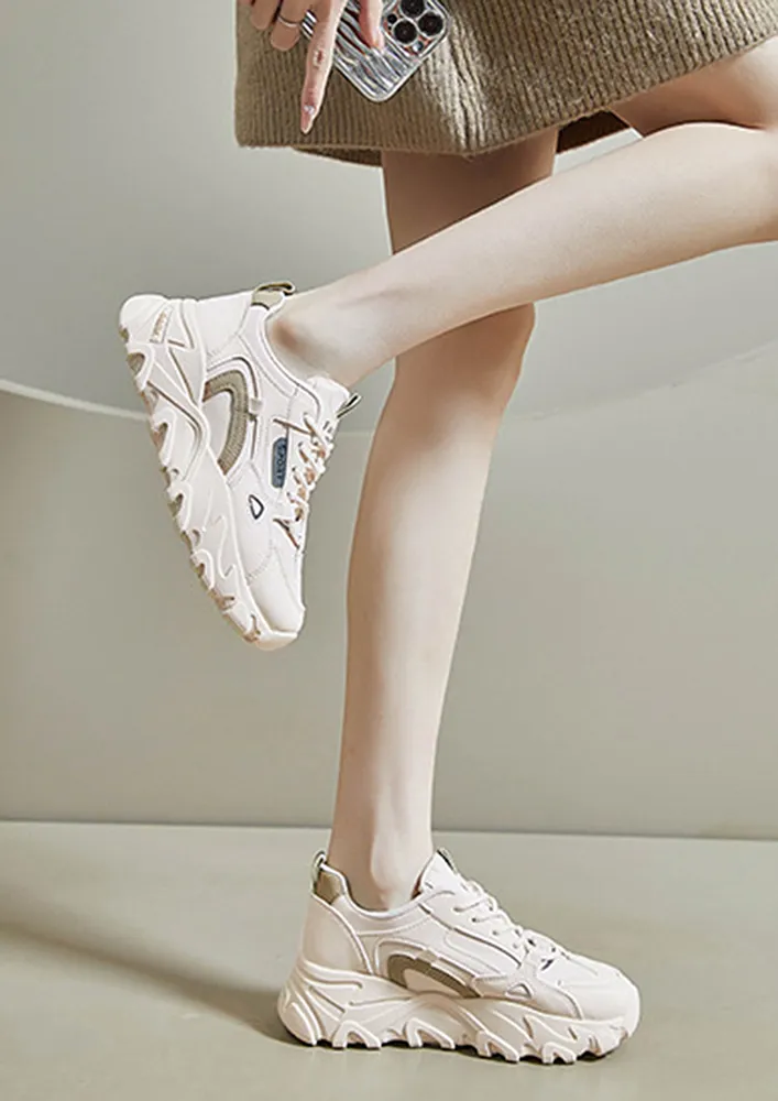 BEIGE CHUNKY LACE-UP CONTRASTING TRAINERES