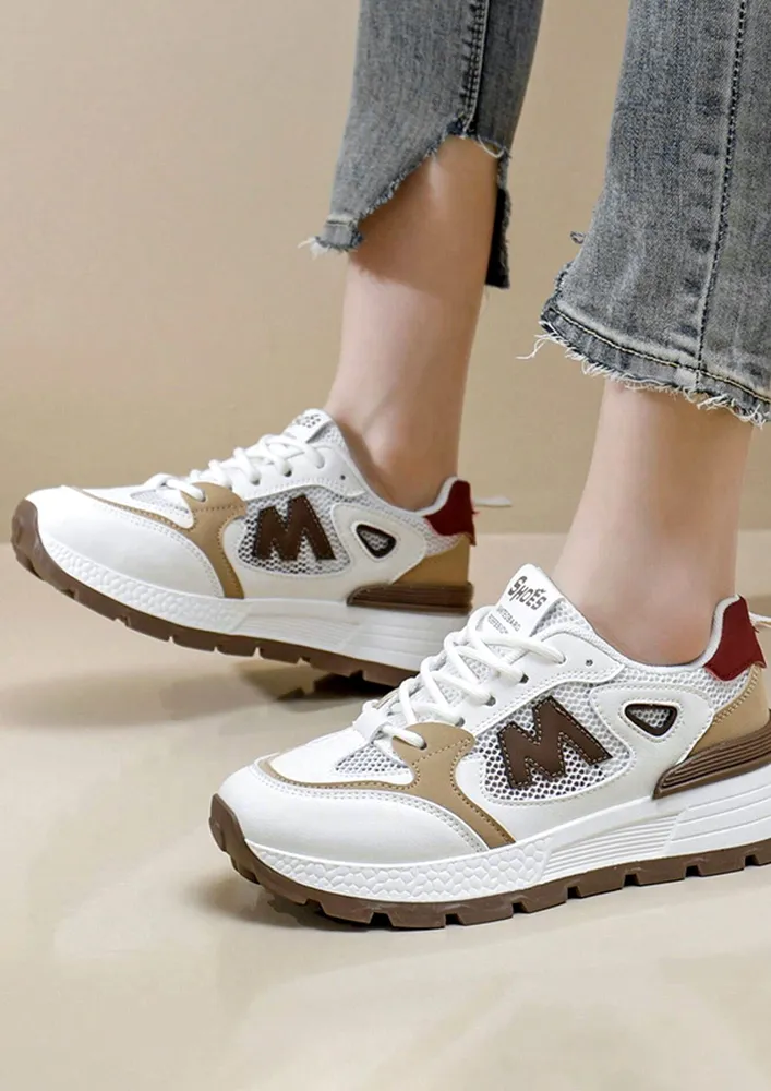 BROWN MESH LETTER PATCH DETAIL SNEAKERS