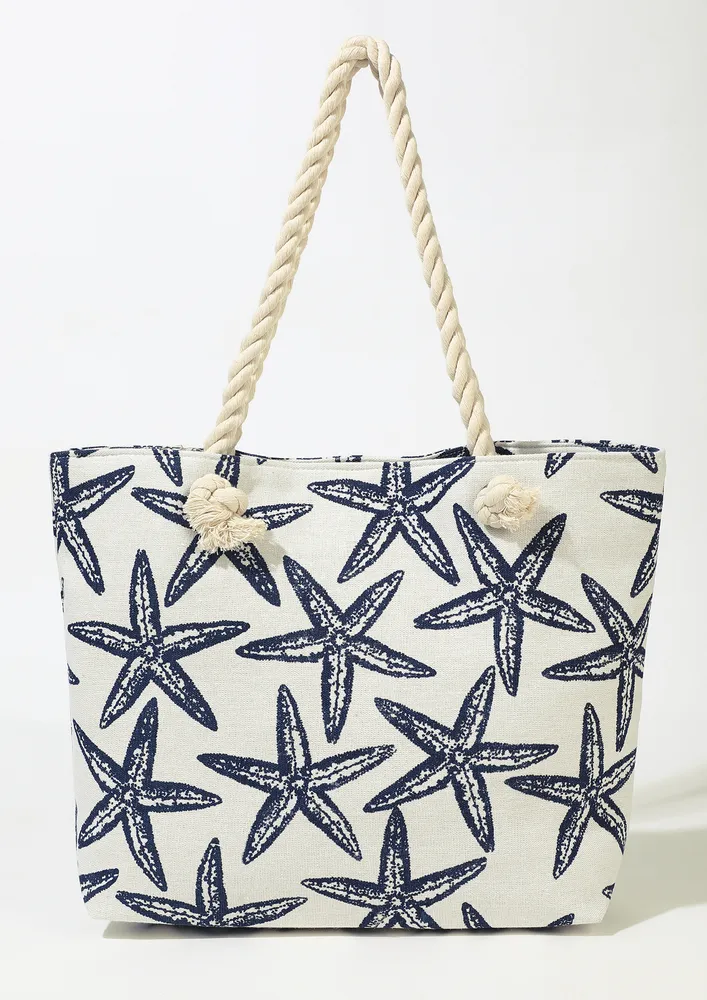 CONTARST STARFISH MOTIFS CANVAS TOTE BAG