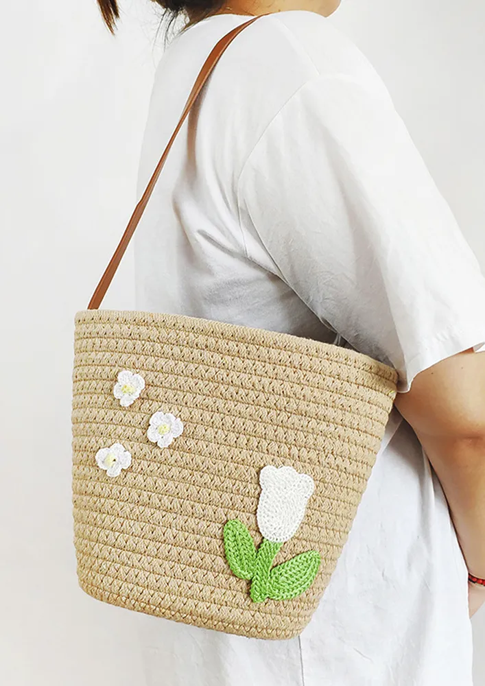 FLORAL EMBROIDERY TEXTURED BEACH BAG